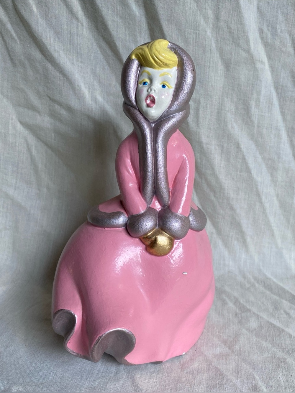 Vtg Atlantic Mold Hand Painted Christmas Caroler Signed Pink Dress Heavy Plaster